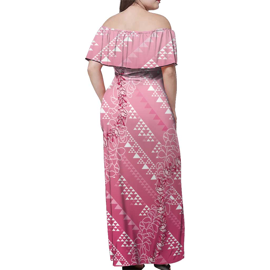 Hawaii Rose Pink Kapa Family Matching Off Shoulder Maxi Dress and Hawaiian Shirt Vintage 'Ohe Kāpala Motifs Mix Plumeria Leis LT7 - Polynesian Pride