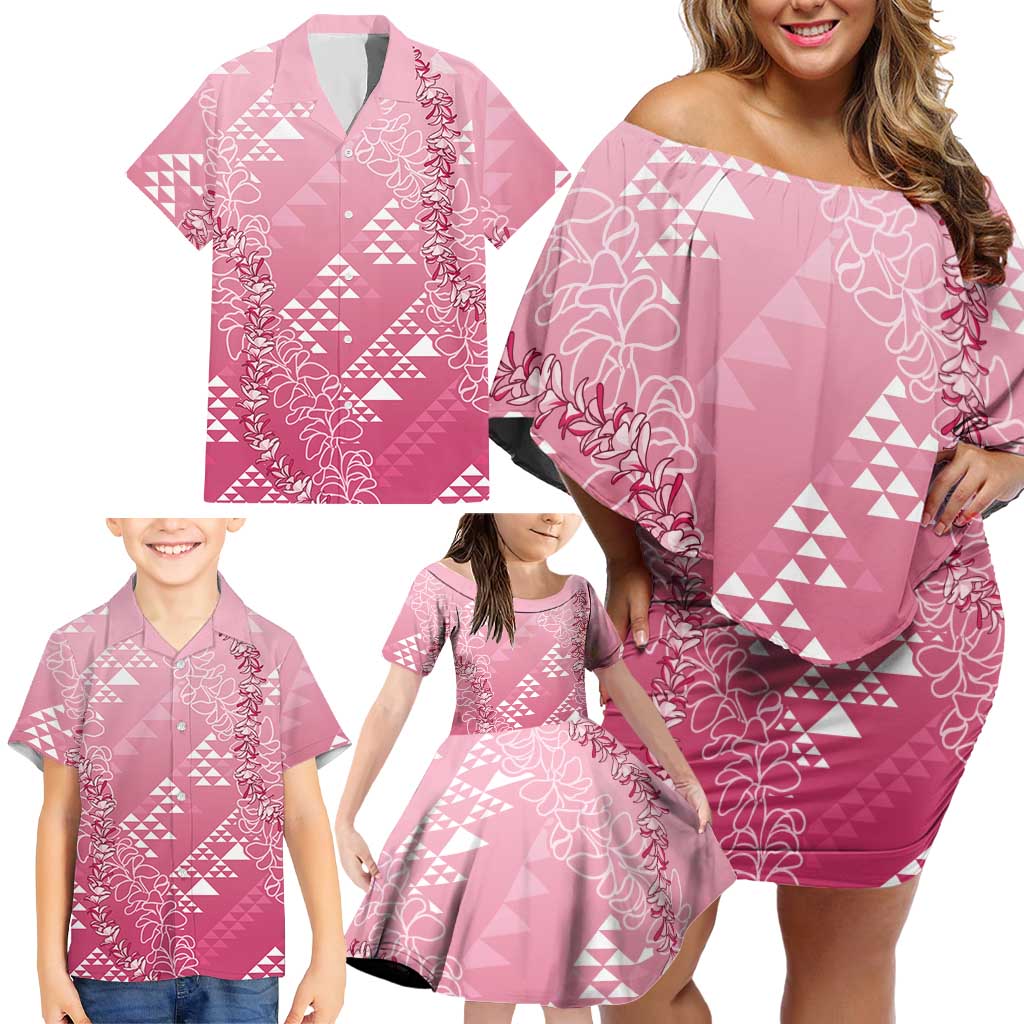 Hawaii Rose Pink Kapa Family Matching Off Shoulder Short Dress and Hawaiian Shirt Vintage 'Ohe Kāpala Motifs Mix Plumeria Leis LT7 - Polynesian Pride
