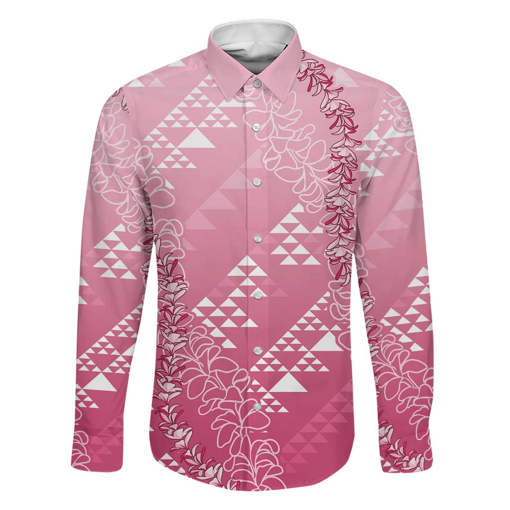 Hawaii Rose Pink Kapa Family Matching Off Shoulder Short Dress and Hawaiian Shirt Vintage 'Ohe Kāpala Motifs Mix Plumeria Leis LT7 Dad's Shirt - Long Sleeve Rose Pink - Polynesian Pride