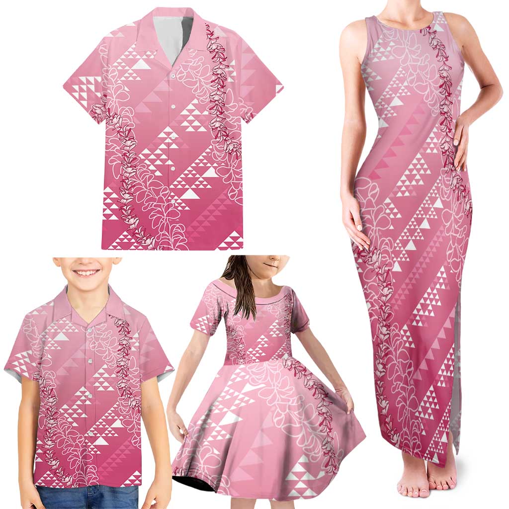 Hawaii Rose Pink Kapa Family Matching Tank Maxi Dress and Hawaiian Shirt Vintage 'Ohe Kāpala Motifs Mix Plumeria Leis LT7 - Polynesian Pride