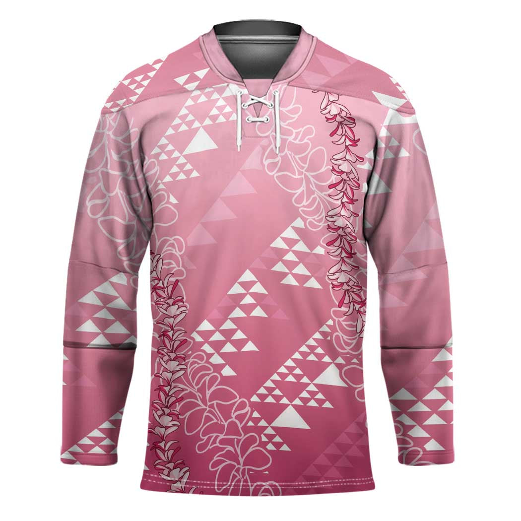 Hawaii Rose Pink Kapa Hockey Jersey Vintage 'Ohe Kāpala Motifs Mix Plumeria Leis LT7 Unisex Rose Pink - Polynesian Pride