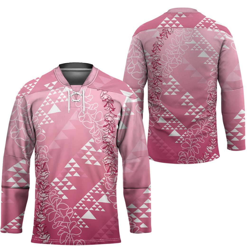 Hawaii Rose Pink Kapa Hockey Jersey Vintage 'Ohe Kāpala Motifs Mix Plumeria Leis LT7 - Polynesian Pride