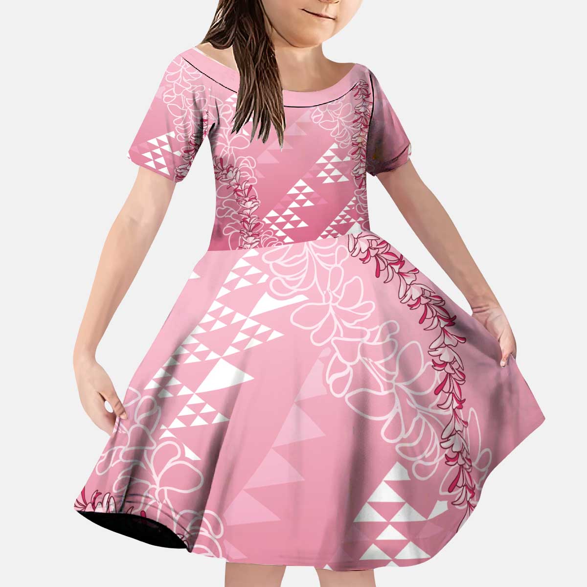 Hawaii Rose Pink Kapa Kid Short Sleeve Dress Vintage 'Ohe Kāpala Motifs Mix Plumeria Leis LT7 KID Rose Pink - Polynesian Pride
