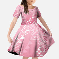 Hawaii Rose Pink Kapa Kid Short Sleeve Dress Vintage 'Ohe Kāpala Motifs Mix Plumeria Leis LT7 KID Rose Pink - Polynesian Pride