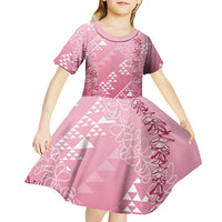 Hawaii Rose Pink Kapa Kid Short Sleeve Dress Vintage 'Ohe Kāpala Motifs Mix Plumeria Leis LT7 - Polynesian Pride