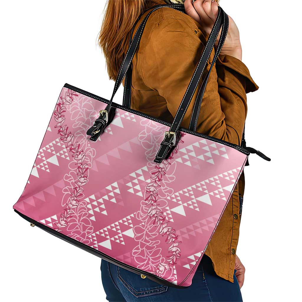 Hawaii Rose Pink Kapa Leather Tote Bag Vintage 'Ohe Kāpala Motifs Mix Plumeria Leis LT7 - Polynesian Pride