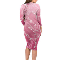 Hawaii Rose Pink Kapa Long Sleeve Bodycon Dress Vintage 'Ohe Kāpala Motifs Mix Plumeria Leis