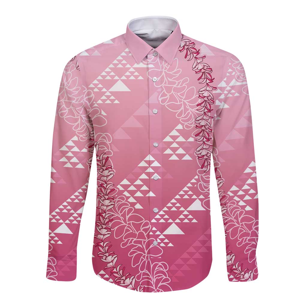 Hawaii Rose Pink Kapa Long Sleeve Button Shirt Vintage 'Ohe Kāpala Motifs Mix Plumeria Leis LT7 Unisex Rose Pink - Polynesian Pride