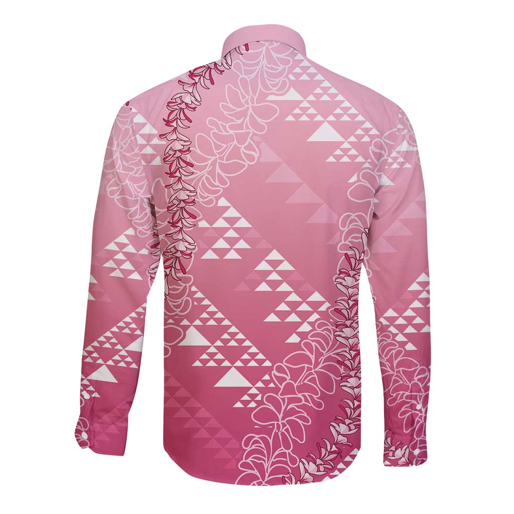 Hawaii Rose Pink Kapa Long Sleeve Button Shirt Vintage 'Ohe Kāpala Motifs Mix Plumeria Leis LT7 - Polynesian Pride