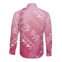 Hawaii Rose Pink Kapa Long Sleeve Button Shirt Vintage 'Ohe Kāpala Motifs Mix Plumeria Leis LT7 - Polynesian Pride