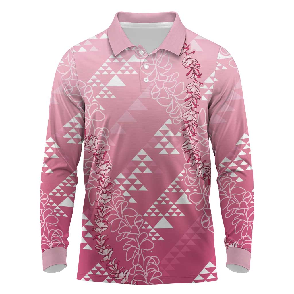 Hawaii Rose Pink Kapa Long Sleeve Polo Shirt Vintage 'Ohe Kāpala Motifs Mix Plumeria Leis