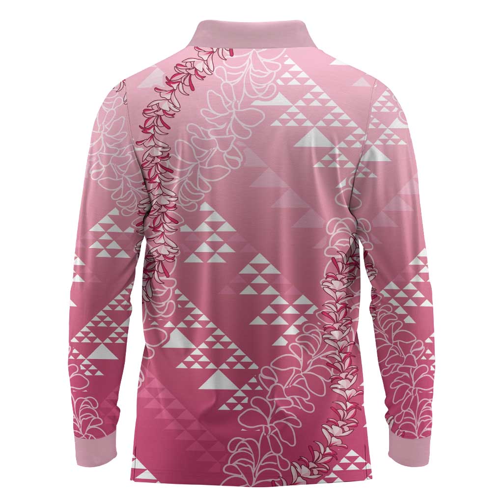 Hawaii Rose Pink Kapa Long Sleeve Polo Shirt Vintage 'Ohe Kāpala Motifs Mix Plumeria Leis