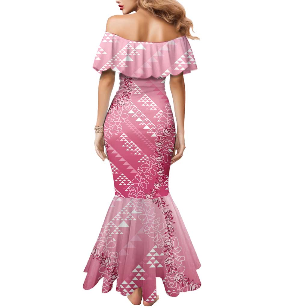 Hawaii Rose Pink Kapa Mermaid Dress Vintage 'Ohe Kāpala Motifs Mix Plumeria Leis