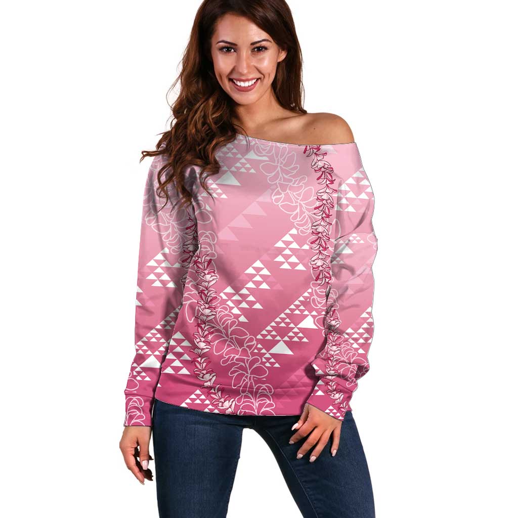 Hawaii Rose Pink Kapa Off Shoulder Sweater Vintage 'Ohe Kāpala Motifs Mix Plumeria Leis LT7 Women Rose Pink - Polynesian Pride