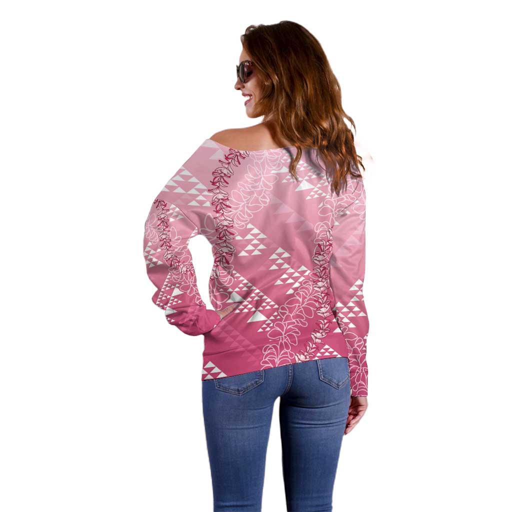 Hawaii Rose Pink Kapa Off Shoulder Sweater Vintage 'Ohe Kāpala Motifs Mix Plumeria Leis LT7 - Polynesian Pride