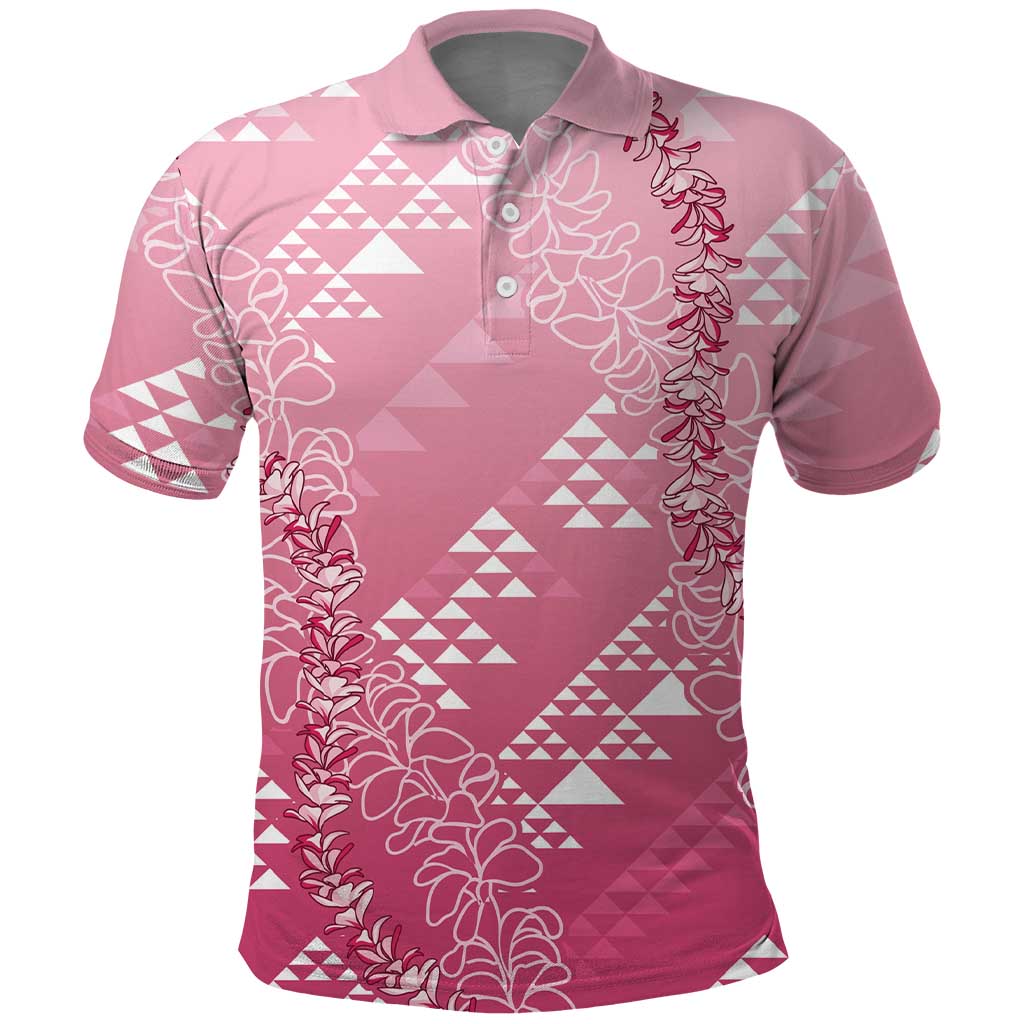 Hawaii Rose Pink Kapa Polo Shirt Vintage 'Ohe Kāpala Motifs Mix Plumeria Leis