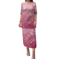 Hawaii Rose Pink Kapa Puletasi Vintage 'Ohe Kāpala Motifs Mix Plumeria Leis LT7 Long Dress Rose Pink - Polynesian Pride