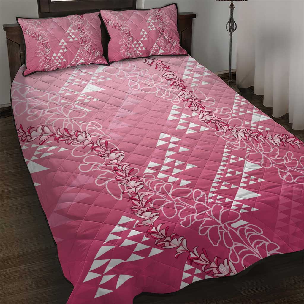 Hawaii Rose Pink Kapa Quilt Bed Set Vintage 'Ohe Kāpala Motifs Mix Plumeria Leis