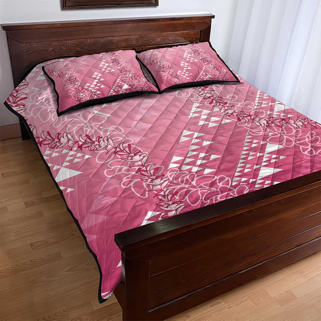 Hawaii Rose Pink Kapa Quilt Bed Set Vintage 'Ohe Kāpala Motifs Mix Plumeria Leis
