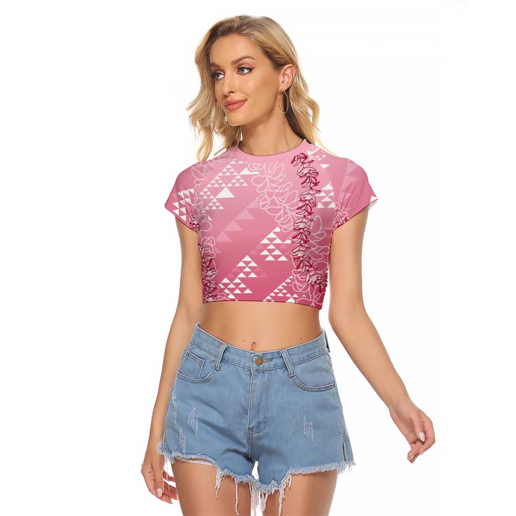 Hawaii Rose Pink Kapa Raglan Cropped T Shirt Vintage 'Ohe Kāpala Motifs Mix Plumeria Leis LT7 Female Rose Pink - Polynesian Pride