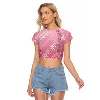 Hawaii Rose Pink Kapa Raglan Cropped T Shirt Vintage 'Ohe Kāpala Motifs Mix Plumeria Leis LT7 Female Rose Pink - Polynesian Pride