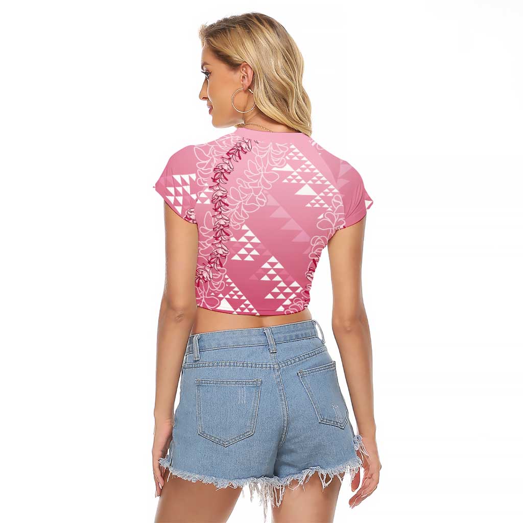 Hawaii Rose Pink Kapa Raglan Cropped T Shirt Vintage 'Ohe Kāpala Motifs Mix Plumeria Leis LT7 - Polynesian Pride