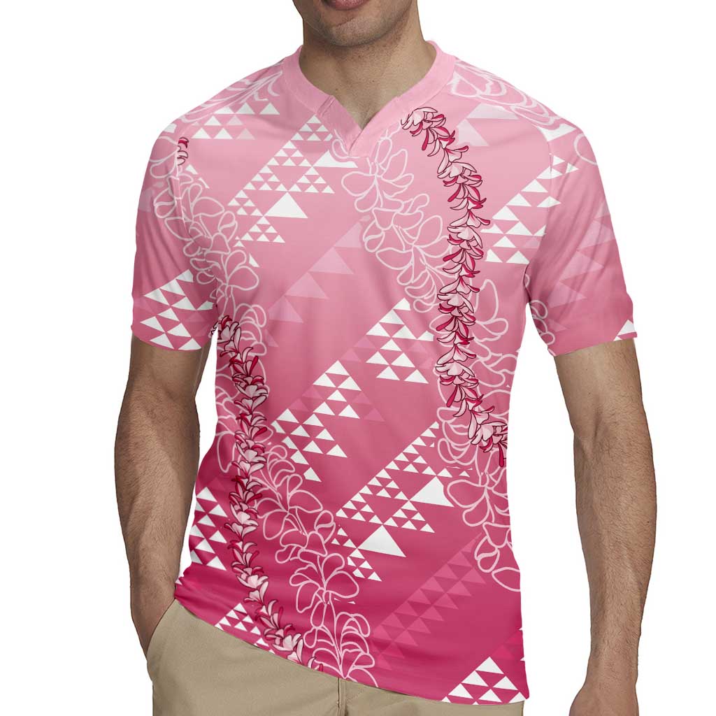 Hawaii Rose Pink Kapa Rugby Jersey Vintage 'Ohe Kāpala Motifs Mix Plumeria Leis