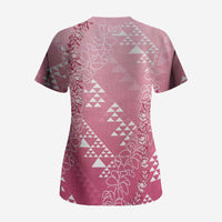 Hawaii Rose Pink Kapa Scrub Top Vintage 'Ohe Kāpala Motifs Mix Plumeria Leis LT7 - Polynesian Pride