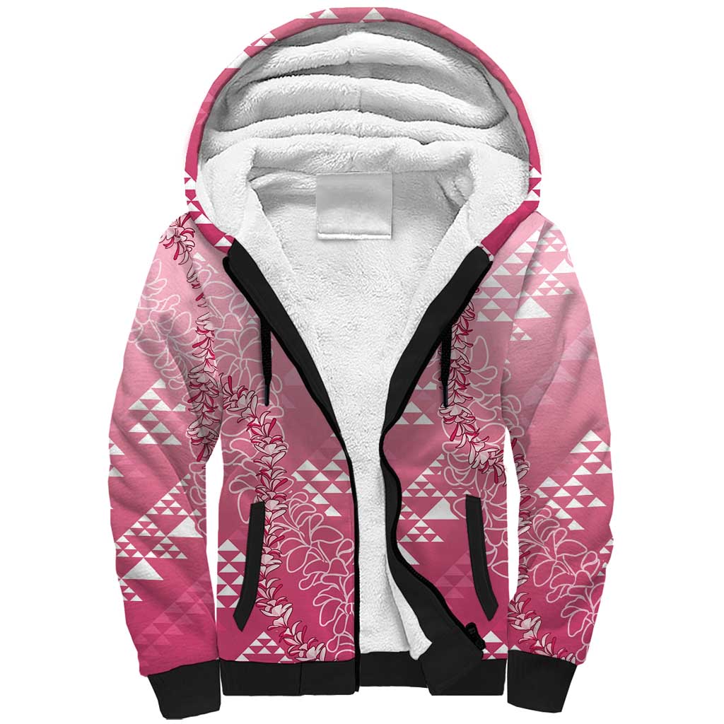 Hawaii Rose Pink Kapa Sherpa Hoodie Vintage 'Ohe Kāpala Motifs Mix Plumeria Leis