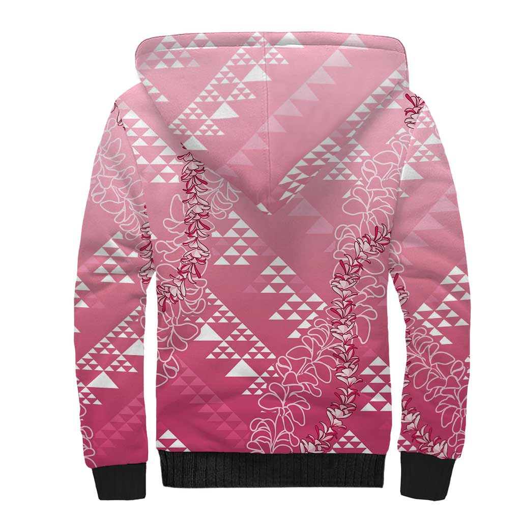 Hawaii Rose Pink Kapa Sherpa Hoodie Vintage 'Ohe Kāpala Motifs Mix Plumeria Leis