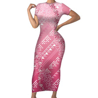 Hawaii Rose Pink Kapa Short Sleeve Bodycon Dress Vintage 'Ohe Kāpala Motifs Mix Plumeria Leis