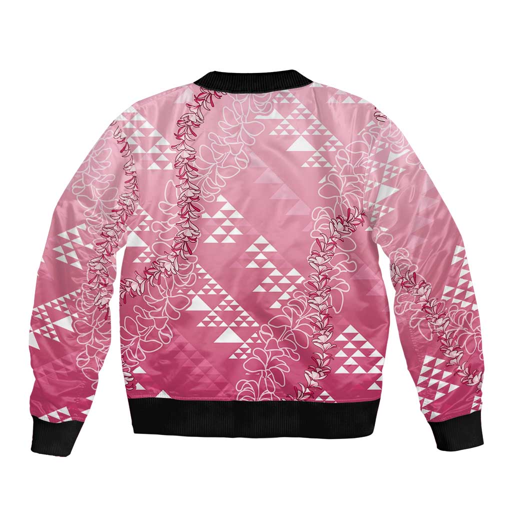 Hawaii Rose Pink Kapa Sleeve Zip Bomber Jacket Vintage 'Ohe Kāpala Motifs Mix Plumeria Leis LT7 - Polynesian Pride