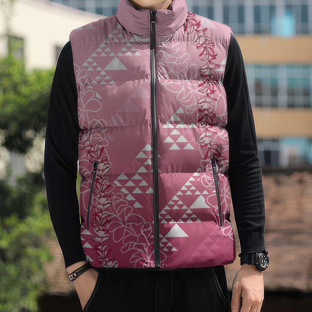 Hawaii Rose Pink Kapa Sleeveless Puffer Jacket Vintage 'Ohe Kāpala Motifs Mix Plumeria Leis LT7 - Polynesian Pride