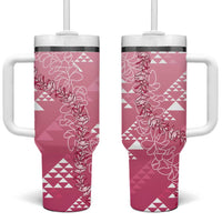 Hawaii Rose Pink Kapa Tumbler With Handle Vintage 'Ohe Kāpala Motifs Mix Plumeria Leis LT7 One Size: 40 oz Rose Pink - Polynesian Pride
