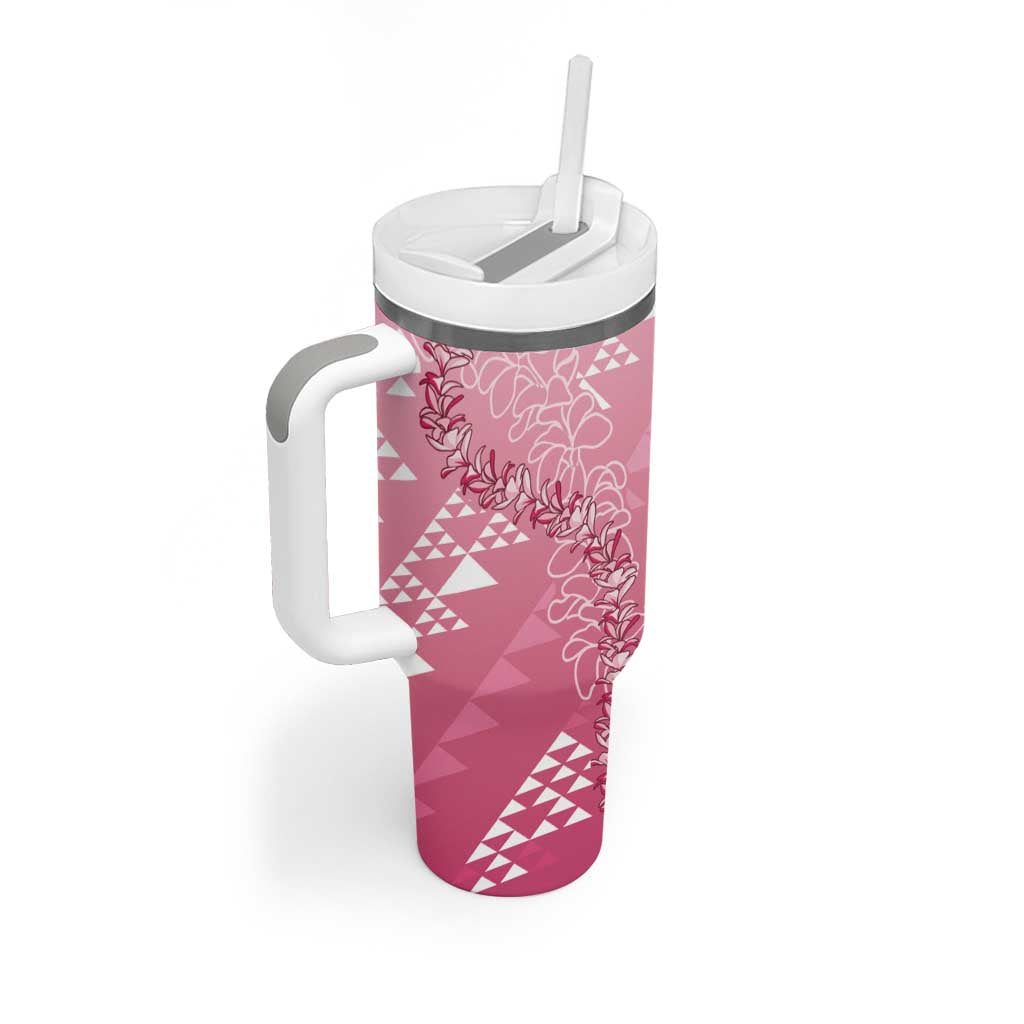 Hawaii Rose Pink Kapa Tumbler With Handle Vintage 'Ohe Kāpala Motifs Mix Plumeria Leis LT7 - Polynesian Pride