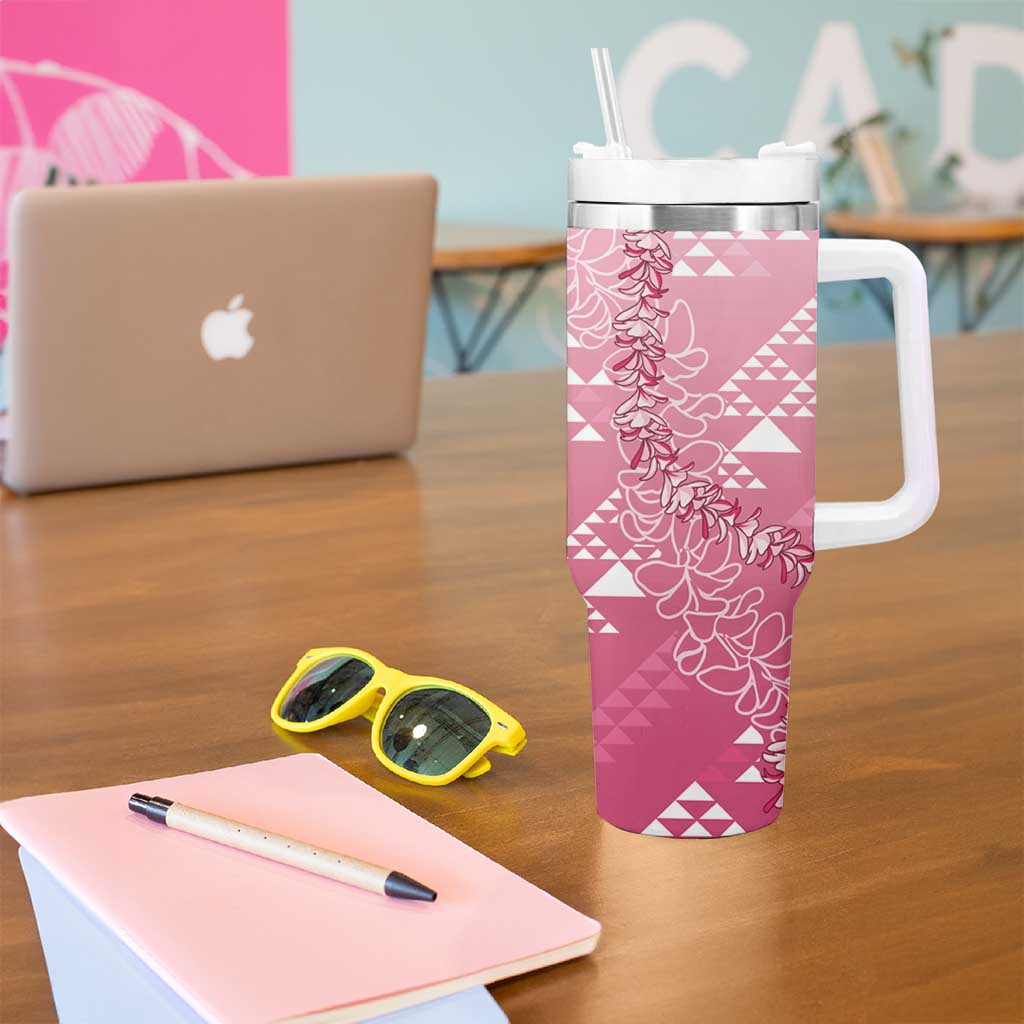 Hawaii Rose Pink Kapa Tumbler With Handle Vintage 'Ohe Kāpala Motifs Mix Plumeria Leis LT7 - Polynesian Pride
