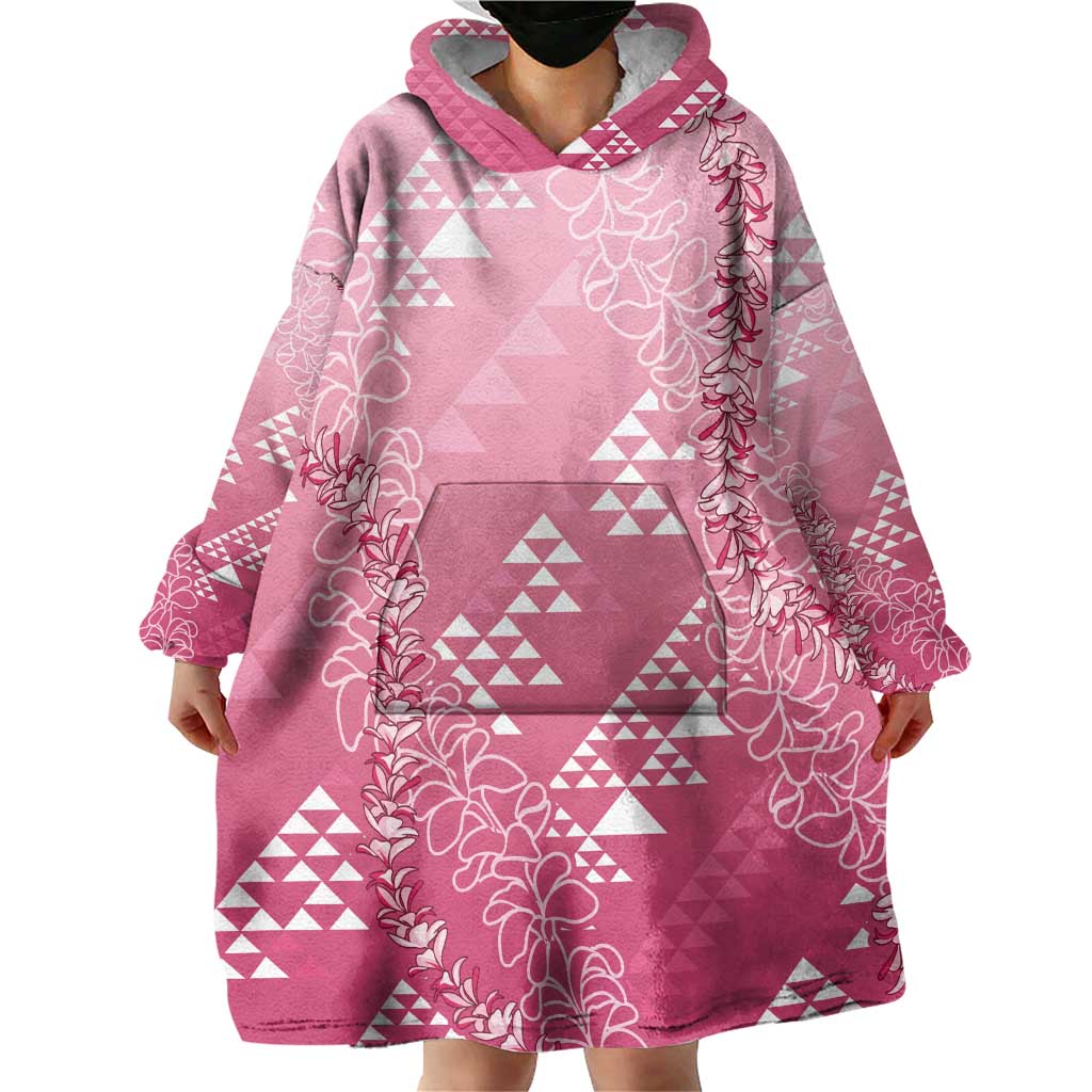 Hawaii Rose Pink Kapa Wearable Blanket Hoodie Vintage 'Ohe Kāpala Motifs Mix Plumeria Leis