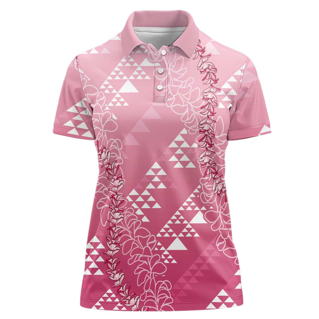 Hawaii Rose Pink Kapa Women Polo Shirt Vintage 'Ohe Kāpala Motifs Mix Plumeria Leis