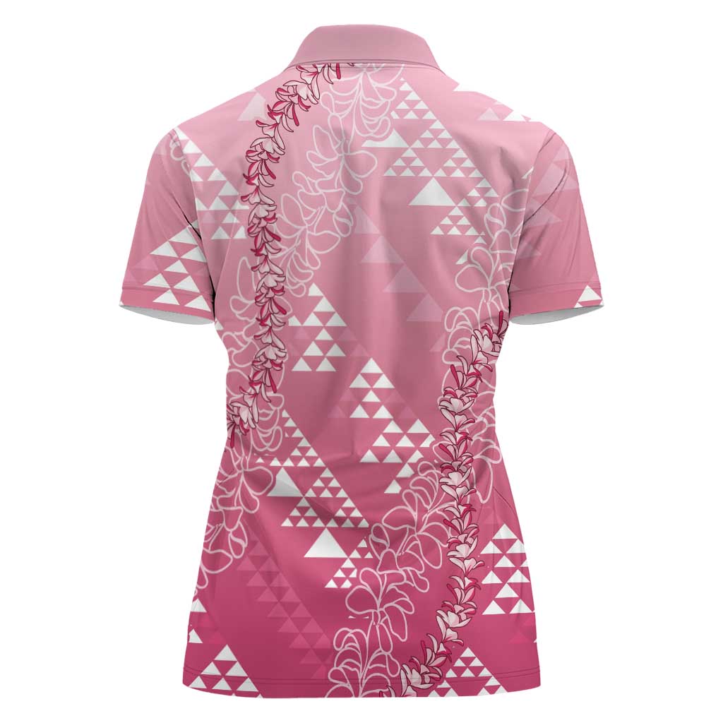 Hawaii Rose Pink Kapa Women Polo Shirt Vintage 'Ohe Kāpala Motifs Mix Plumeria Leis