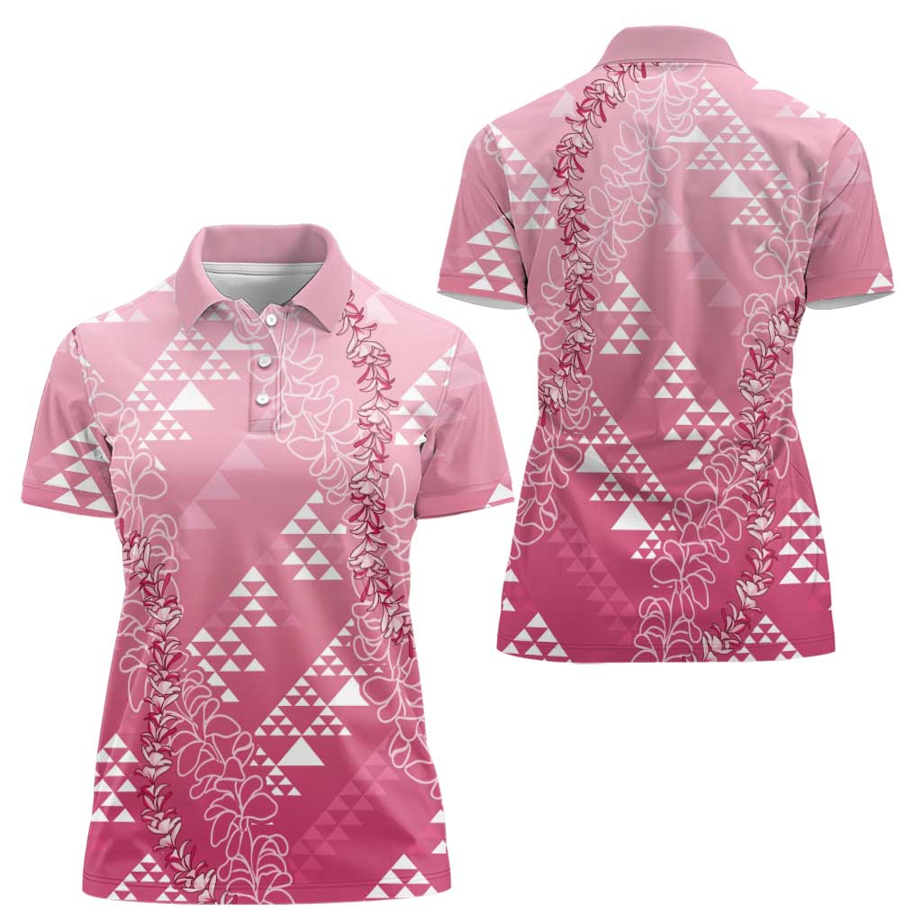 Hawaii Rose Pink Kapa Women Polo Shirt Vintage 'Ohe Kāpala Motifs Mix Plumeria Leis