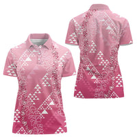Hawaii Rose Pink Kapa Women Polo Shirt Vintage 'Ohe Kāpala Motifs Mix Plumeria Leis