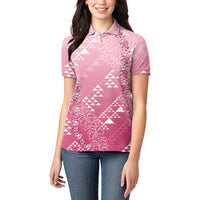 Hawaii Rose Pink Kapa Women Polo Shirt Vintage 'Ohe Kāpala Motifs Mix Plumeria Leis