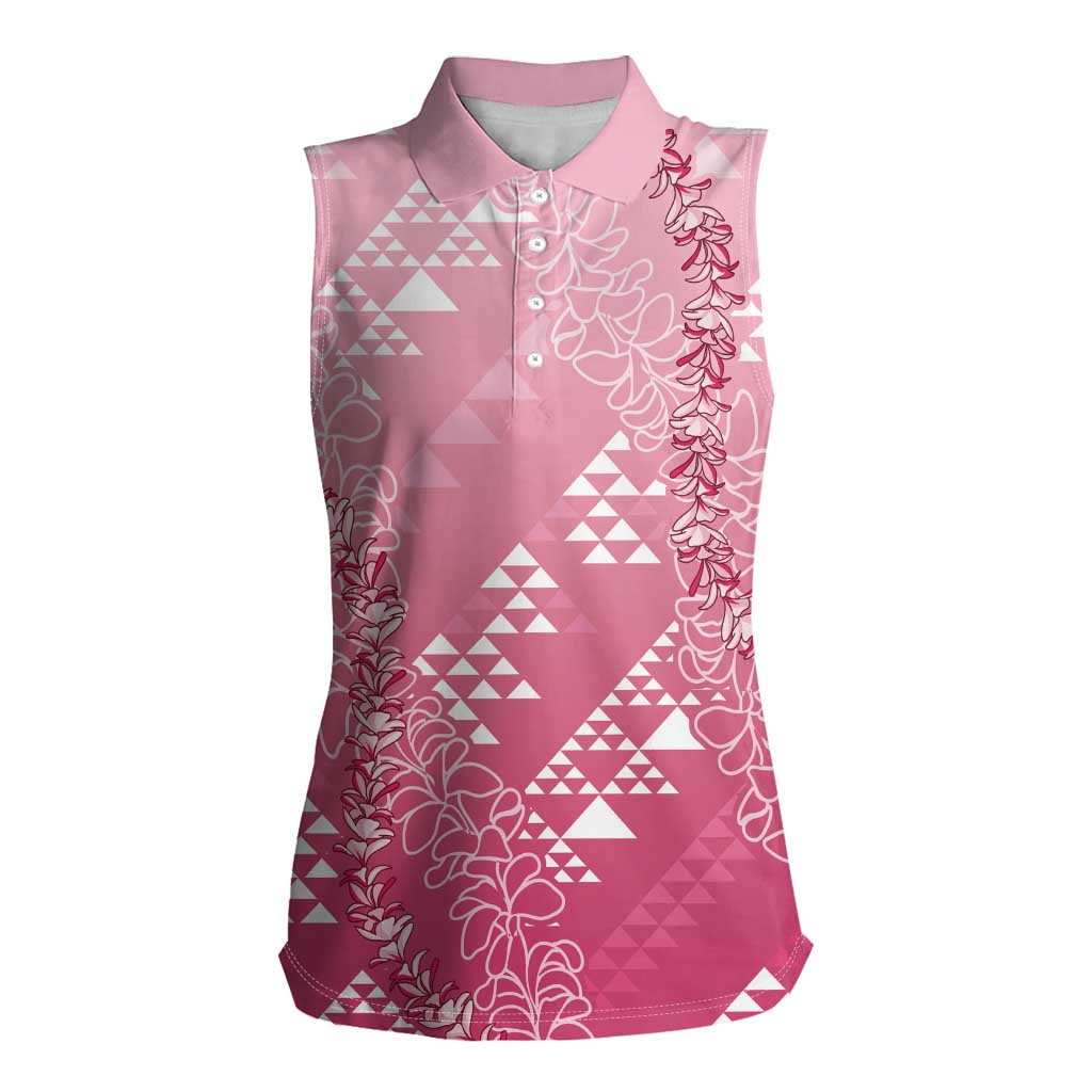 Hawaii Rose Pink Kapa Women Sleeveless Polo Shirt Vintage 'Ohe Kāpala Motifs Mix Plumeria Leis