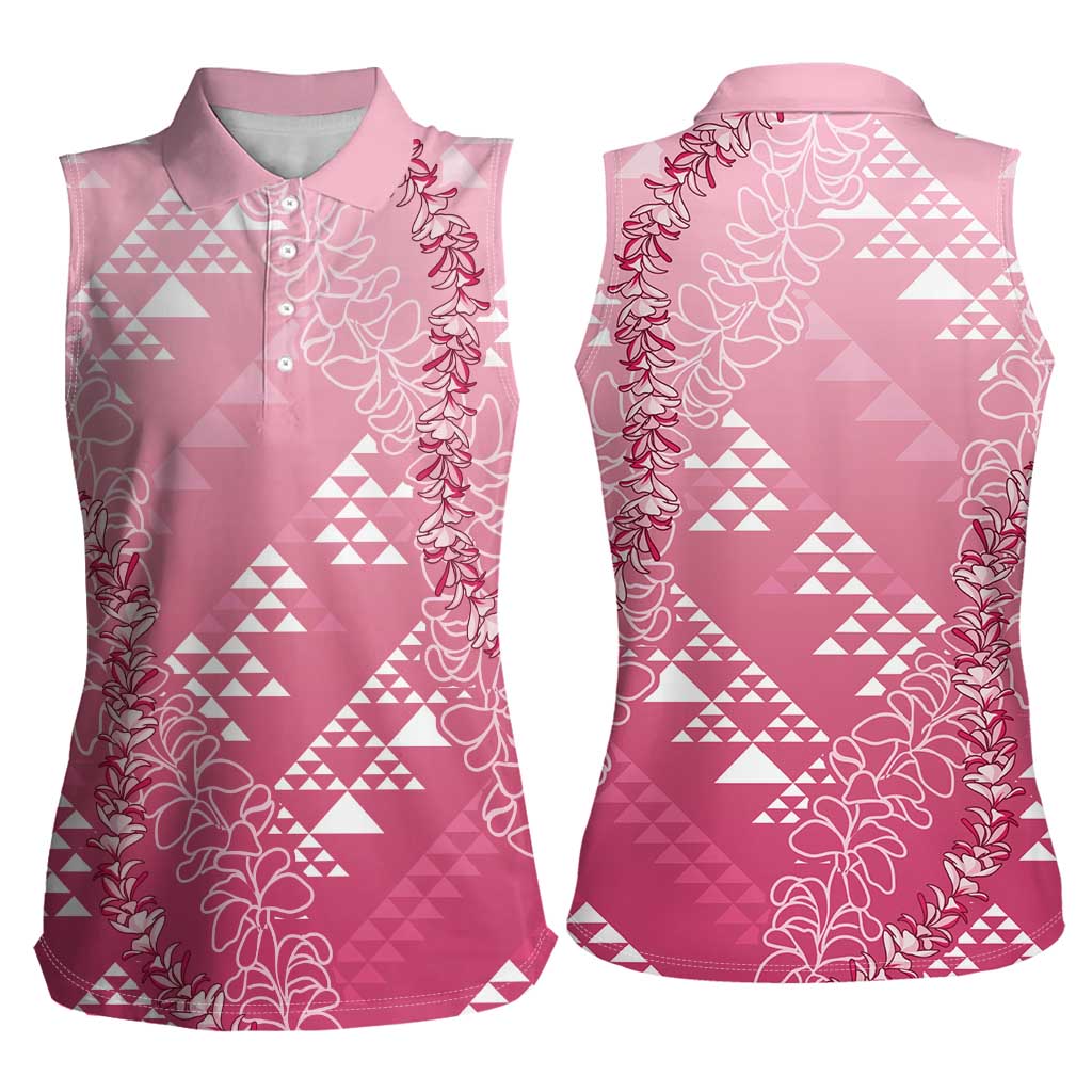Hawaii Rose Pink Kapa Women Sleeveless Polo Shirt Vintage 'Ohe Kāpala Motifs Mix Plumeria Leis