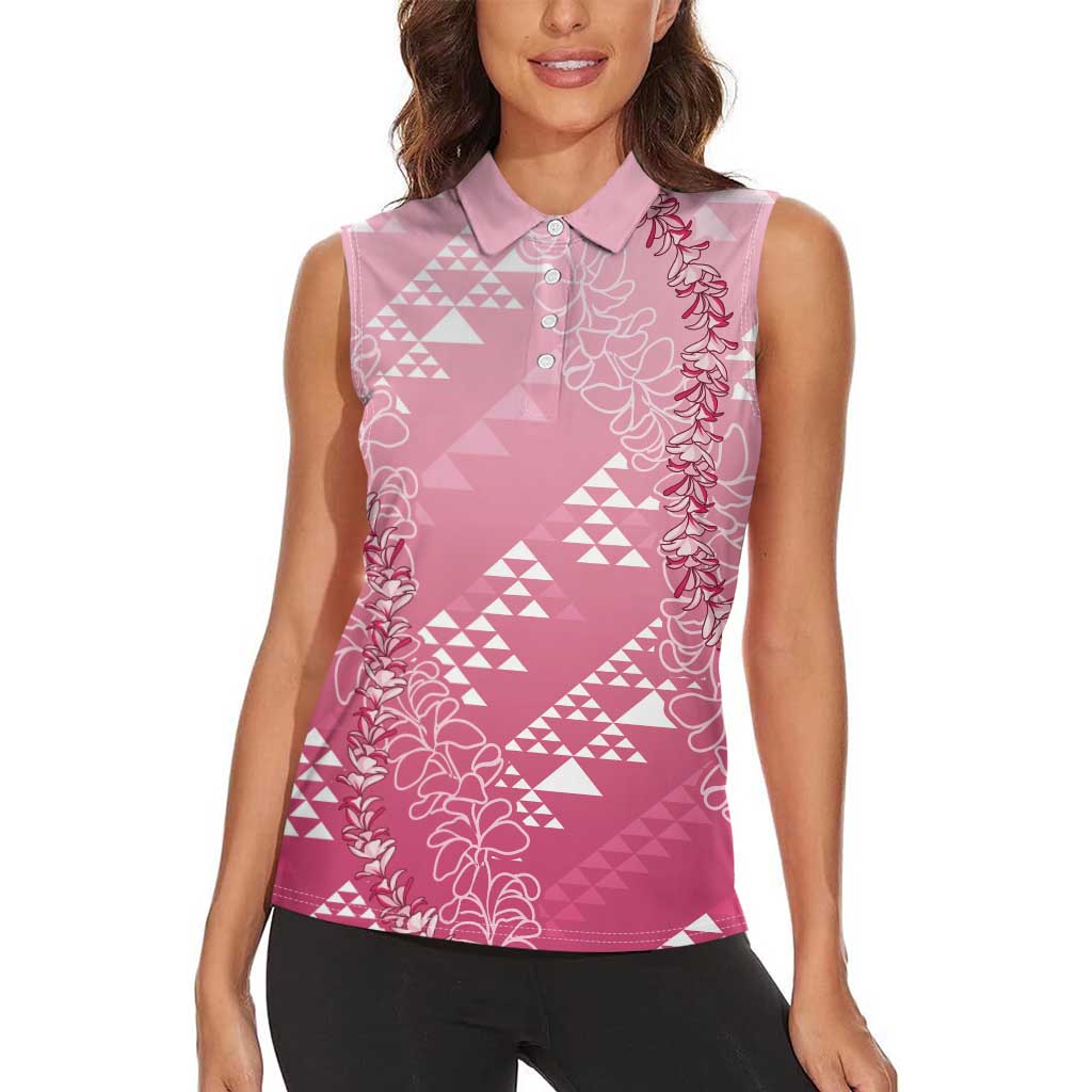 Hawaii Rose Pink Kapa Women Sleeveless Polo Shirt Vintage 'Ohe Kāpala Motifs Mix Plumeria Leis