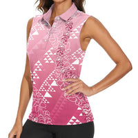 Hawaii Rose Pink Kapa Women Sleeveless Polo Shirt Vintage 'Ohe Kāpala Motifs Mix Plumeria Leis