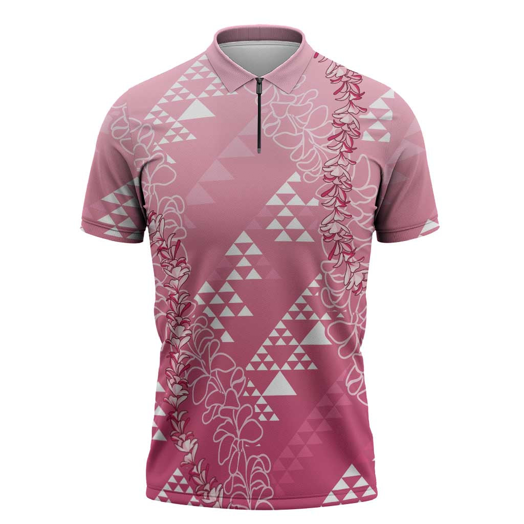 Hawaii Rose Pink Kapa Zipper Polo Shirt Vintage 'Ohe Kāpala Motifs Mix Plumeria Leis