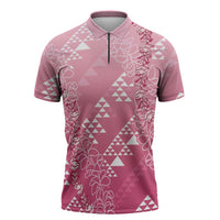 Hawaii Rose Pink Kapa Zipper Polo Shirt Vintage 'Ohe Kāpala Motifs Mix Plumeria Leis
