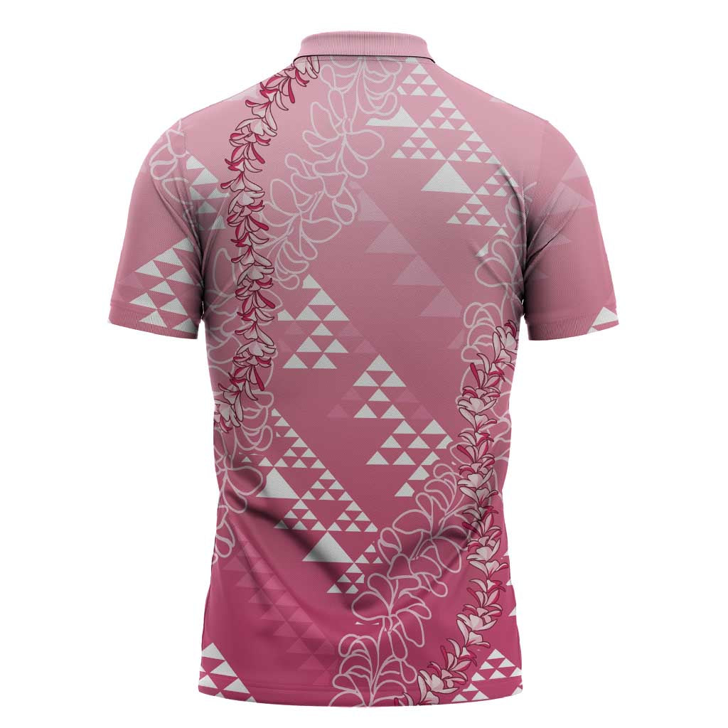 Hawaii Rose Pink Kapa Zipper Polo Shirt Vintage 'Ohe Kāpala Motifs Mix Plumeria Leis