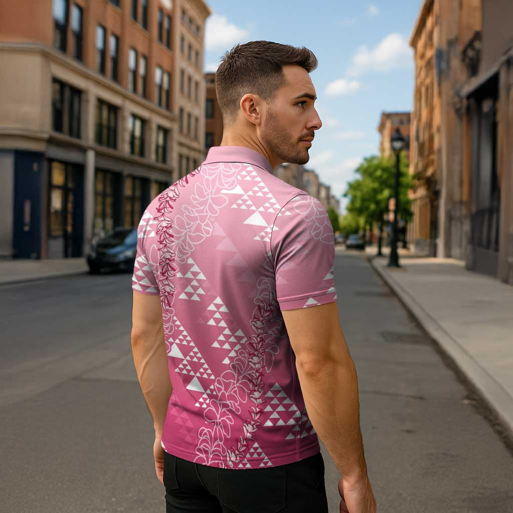 Hawaii Rose Pink Kapa Zipper Polo Shirt Vintage 'Ohe Kāpala Motifs Mix Plumeria Leis